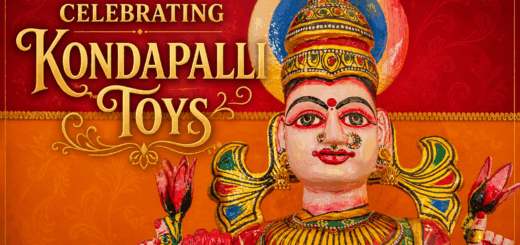 Decorative poster with the text “Celebrating Kondapalli Toys” featuring a traditional figurine