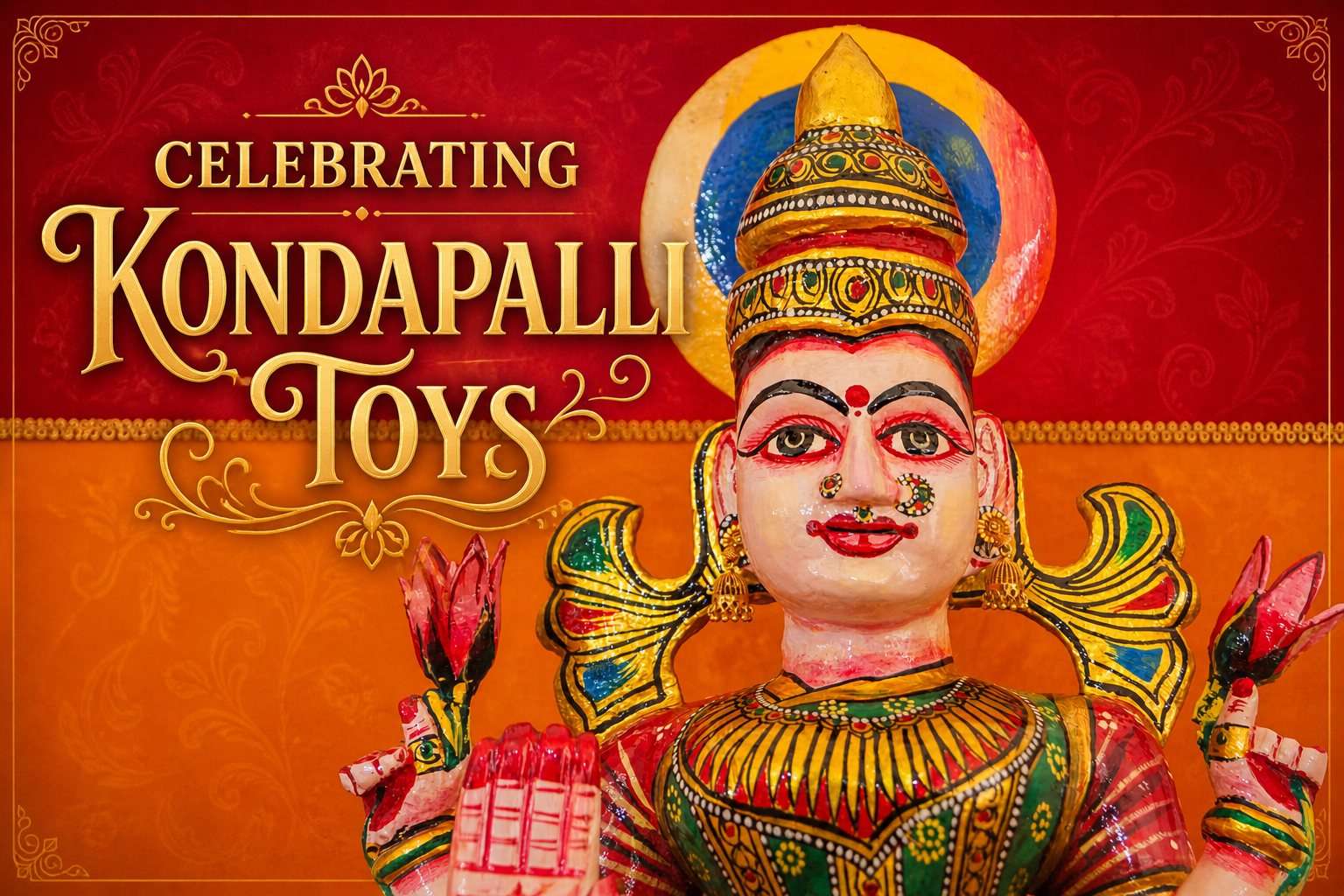 Decorative poster with the text “Celebrating Kondapalli Toys” featuring a traditional figurine